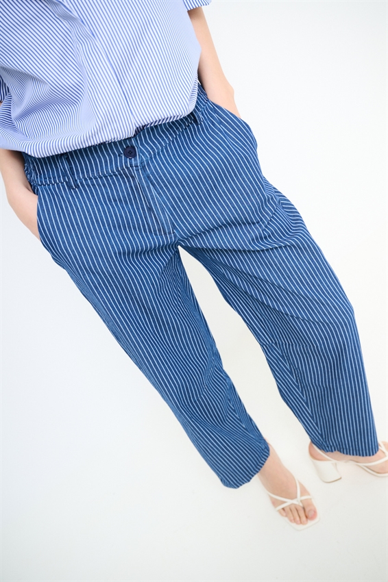 PANTA BALLOON IN CHAMBRAY A RIGHE BIANCO/BLU