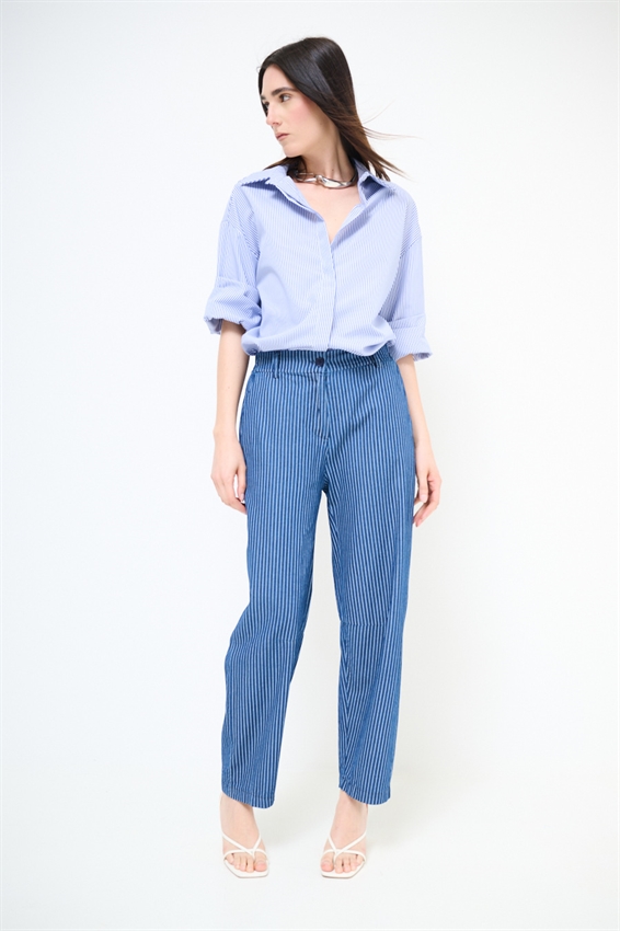 PANTA BALLOON IN CHAMBRAY A RIGHE BIANCO/BLU