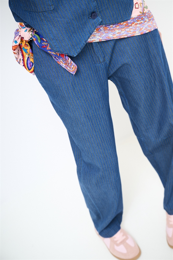 PANTA BALLOON IN CHAMBRAY A RIGHE VERDE MILITARE/BLU