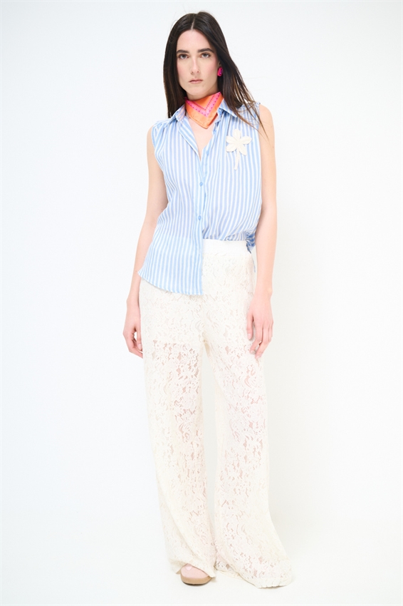 TOP IN TENCEL A RIGHE CELESTE