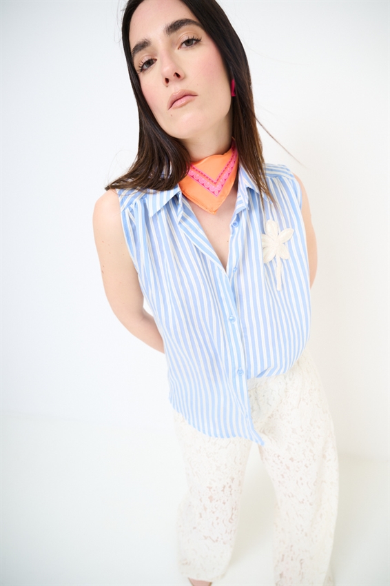 TOP IN TENCEL A RIGHE CELESTE