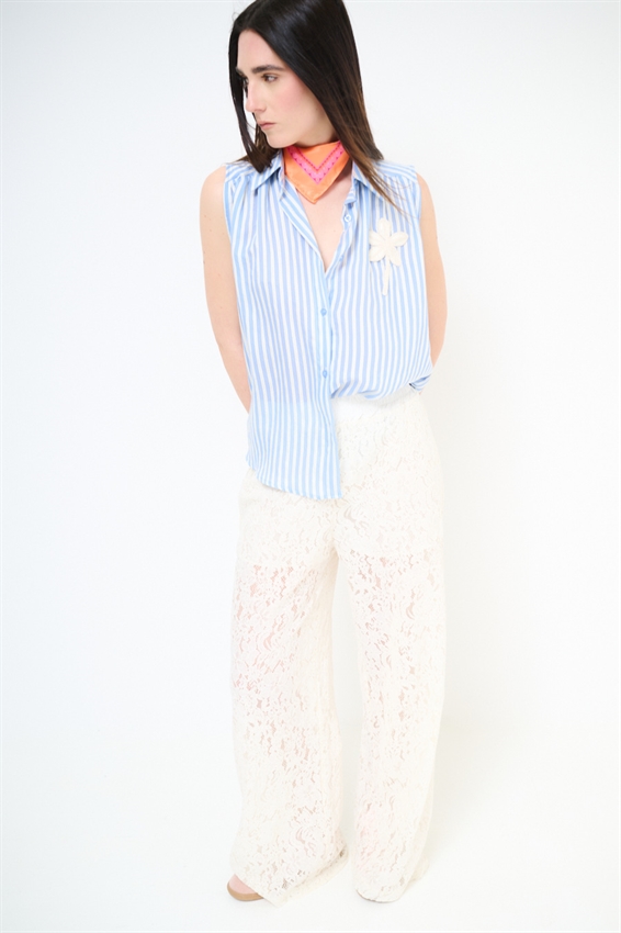 TOP IN TENCEL A RIGHE CELESTE