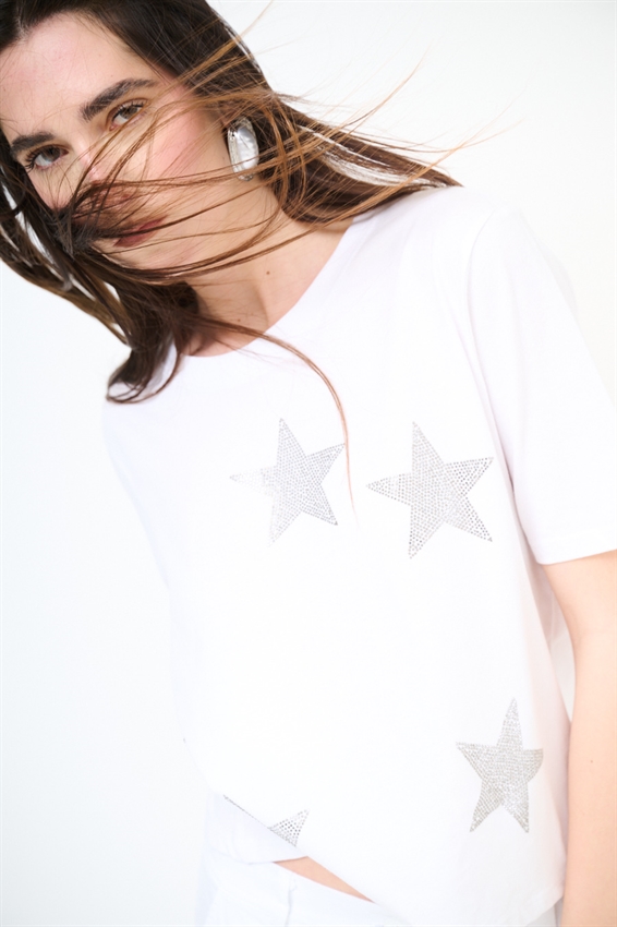 T-SHIRT CROP CON BORCHIE A FORMA DI STELLA BIANCO