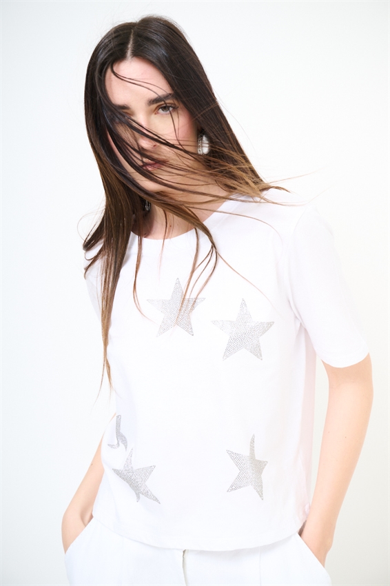 T-SHIRT CROP CON BORCHIE A FORMA DI STELLA BIANCO