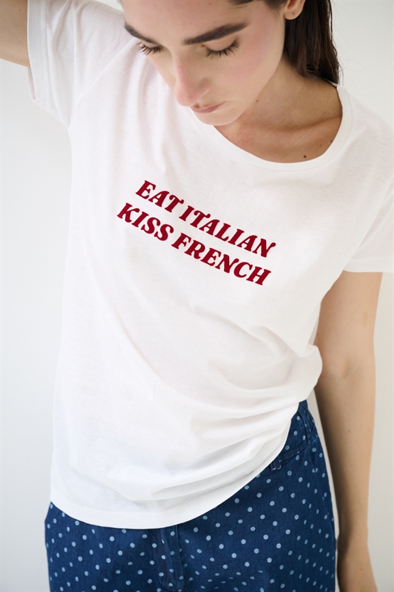 T-SHIRT BASICA CON STAMPA EAT ITALIAN BIANCO
