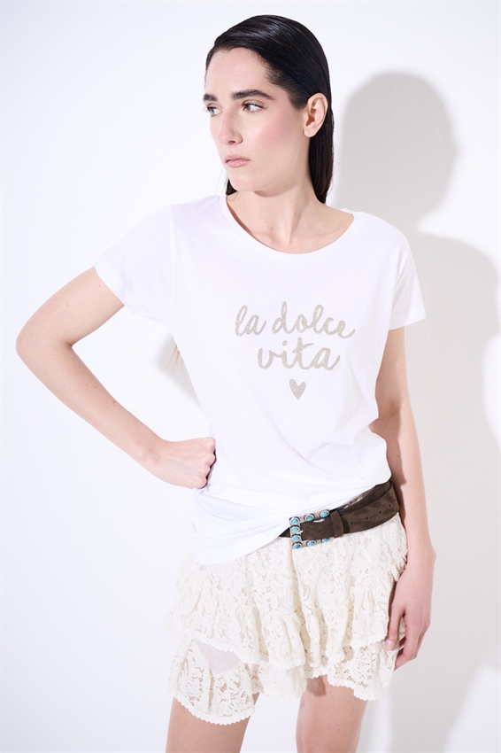 T-SHIRT BASIC CON STAMPA LA DOLCE VITA BIANCO