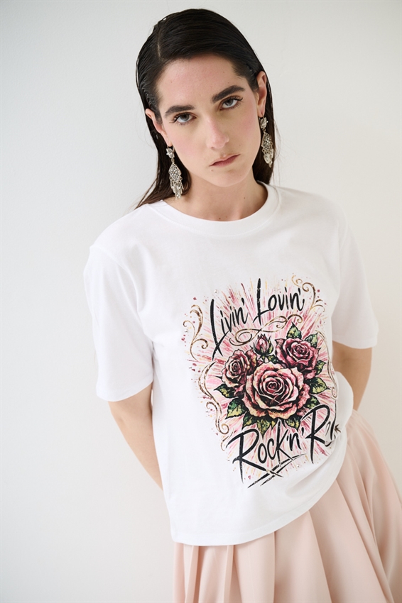 T-SHIRT CROP CON STAMPA ROCK + BORCHIE BIANCO
