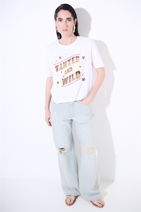 T-SHIRT CROP CON STAMPA WANTED + BORCHIE