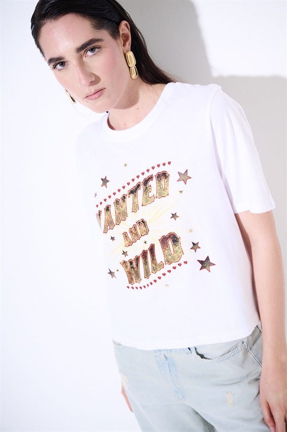 T-SHIRT CROP CON STAMPA WANTED + BORCHIE