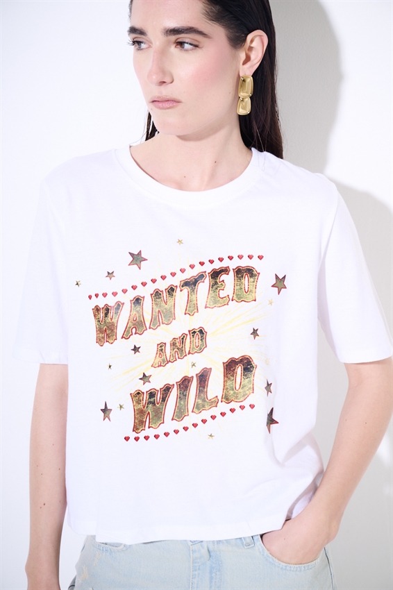 T-SHIRT CROP CON STAMPA WANTED + BORCHIE BIANCO
