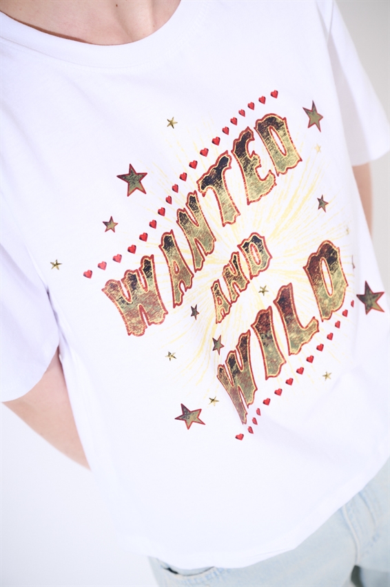 T-SHIRT CROP CON STAMPA WANTED + BORCHIE BIANCO