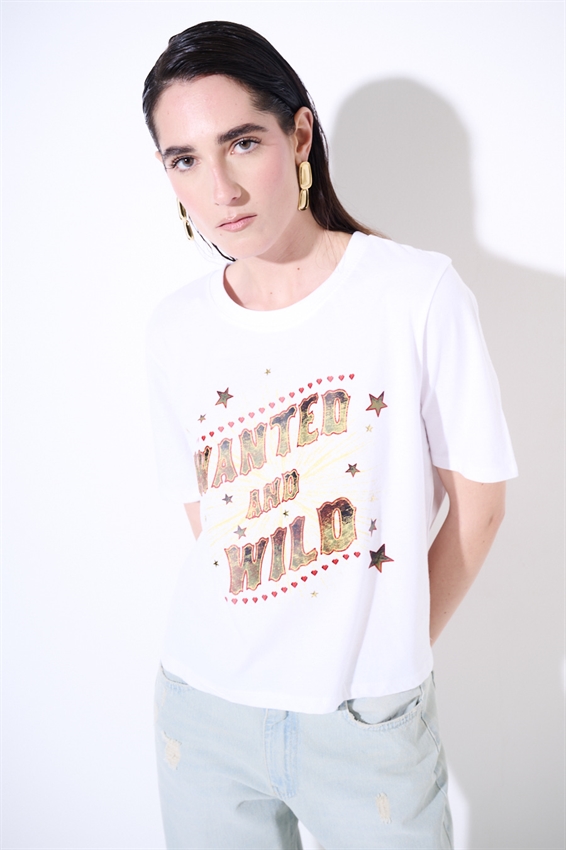 T-SHIRT CROP CON STAMPA WANTED + BORCHIE BIANCO