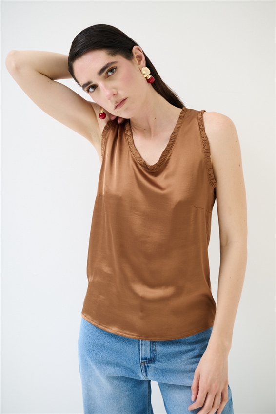 CANOTTA IN RASO VISCOSA CON ROUCHES TABACCO