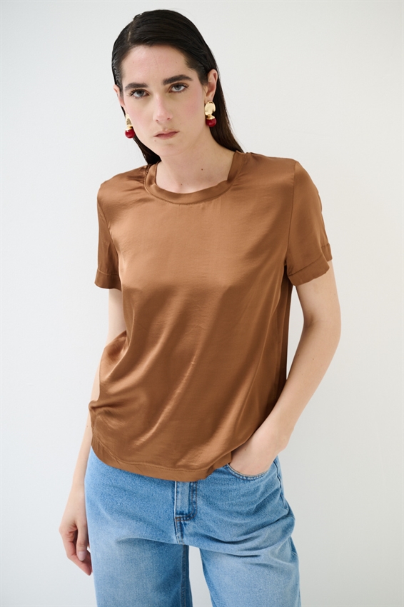 T-SHIRT IN RASO VISCOSA PARICOLLO TABACCO