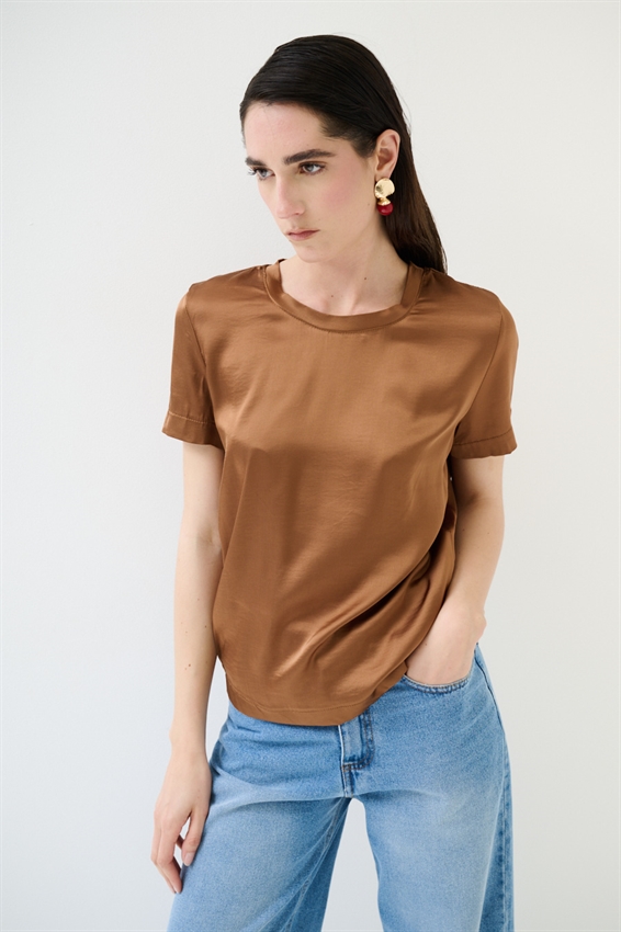 T-SHIRT IN RASO VISCOSA PARICOLLO TABACCO