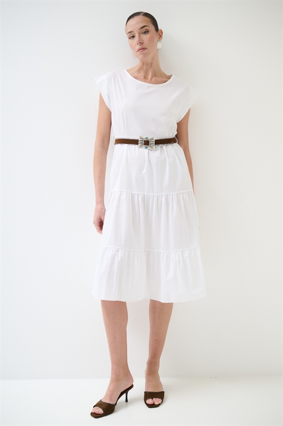 ABITO MIDI A BALZE IN POPELINE + CINTURA BIANCO