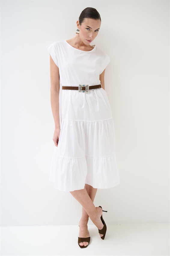 ABITO MIDI A BALZE IN POPELINE + CINTURA BIANCO