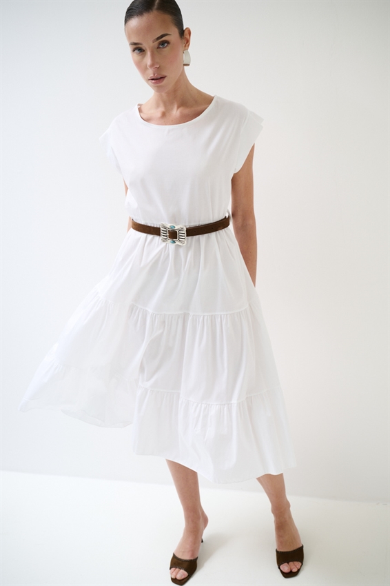 ABITO MIDI A BALZE IN POPELINE + CINTURA BIANCO