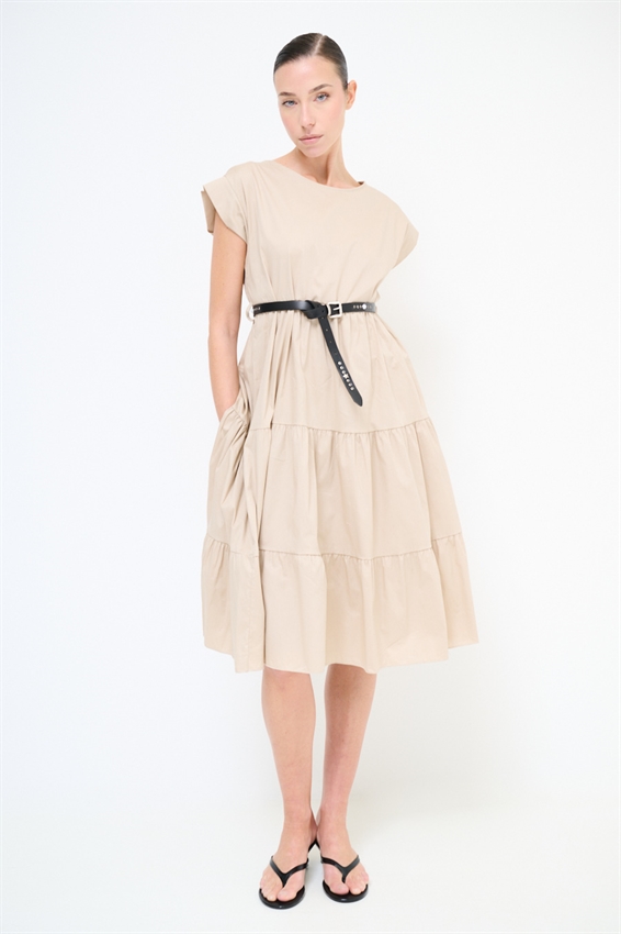 ABITO MIDI A BALZE IN POPELINE + CINTURA BEIGE