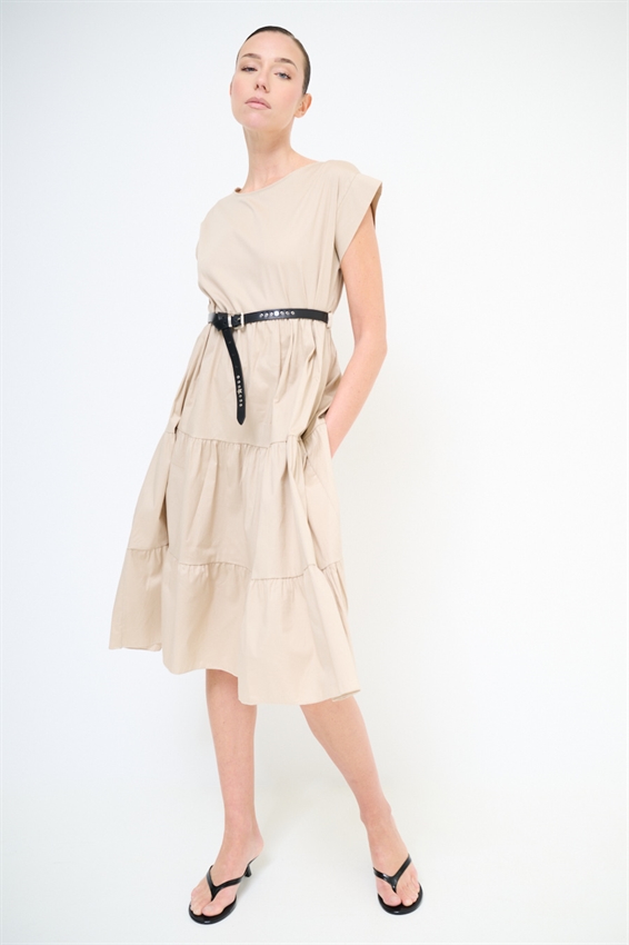 ABITO MIDI A BALZE IN POPELINE + CINTURA BEIGE