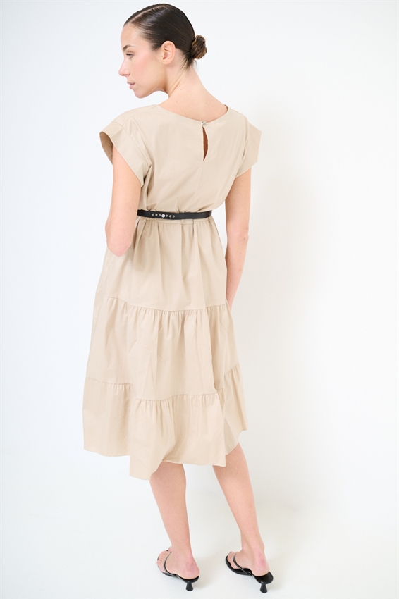 ABITO MIDI A BALZE IN POPELINE + CINTURA BEIGE