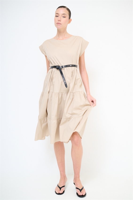 ABITO MIDI A BALZE IN POPELINE + CINTURA BEIGE