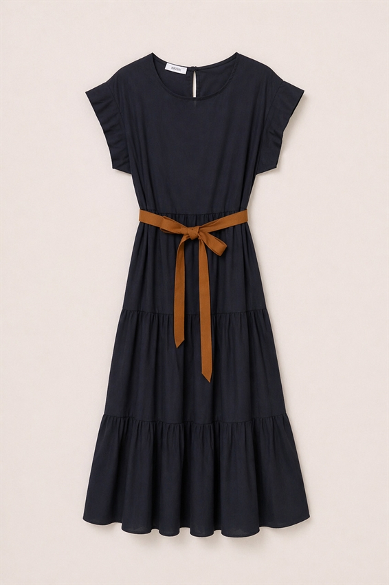 ABITO MIDI A BALZE IN POPELINE + CINTURA BLU