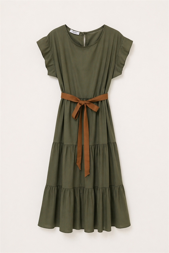 ABITO MIDI A BALZE IN POPELINE + CINTURA VERDE MILITARE