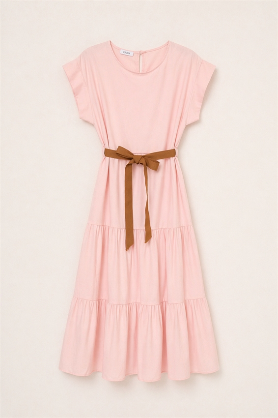 ABITO MIDI A BALZE IN POPELINE + CINTURA ROSA