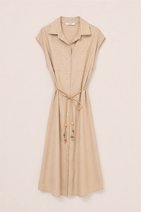 ABITO MIDI SMANICATO CON TASCHE BEIGE