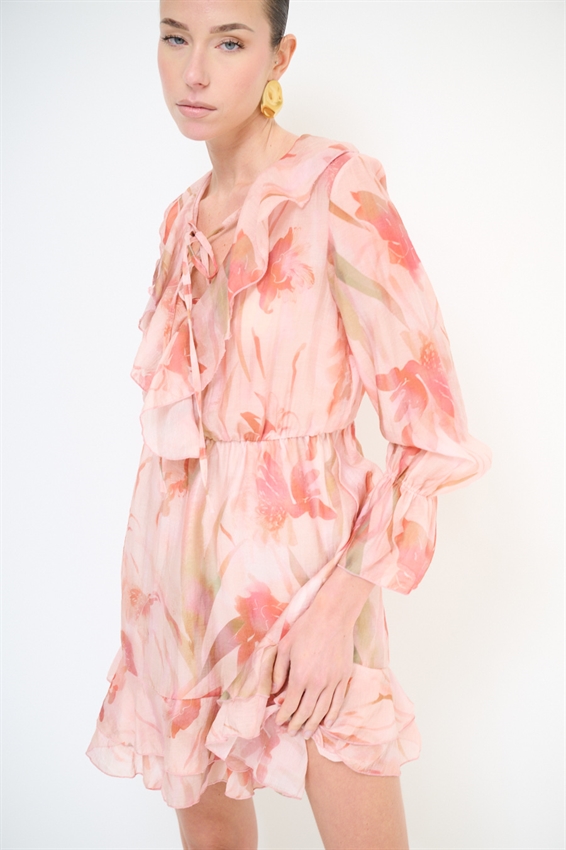 ABITO CORTO CON DOPPIA BALZA A FANTASIA ROSSO CORALLO