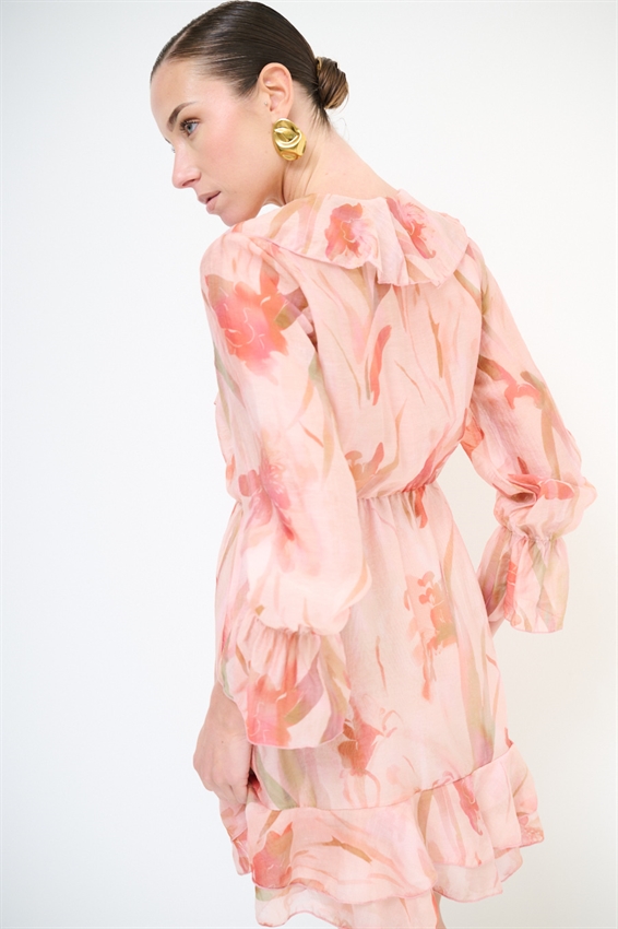 ABITO CORTO CON DOPPIA BALZA A FANTASIA ROSSO CORALLO