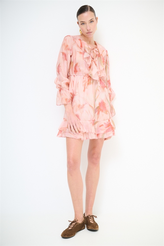 ABITO CORTO CON DOPPIA BALZA A FANTASIA ROSSO CORALLO