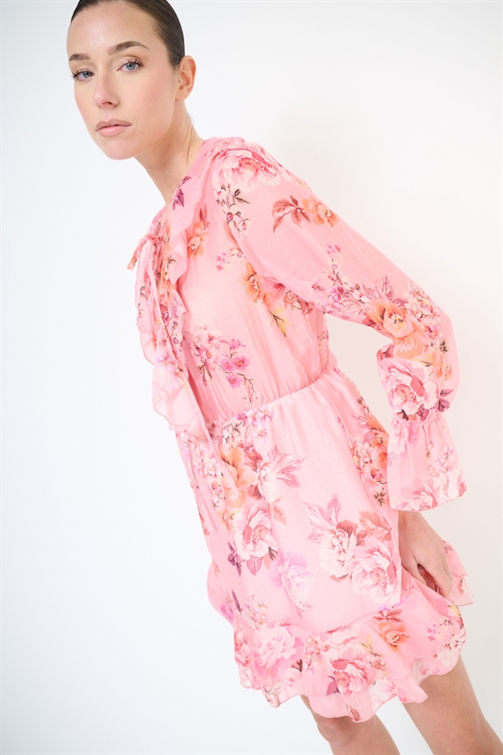 ABITO CORTO CON DOPPIA BALZA A FANTASIA ROSA