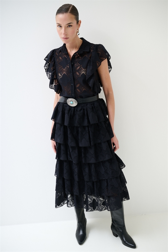 CAMICIA SMANICATA CON VOLANT E RICAMO NERO