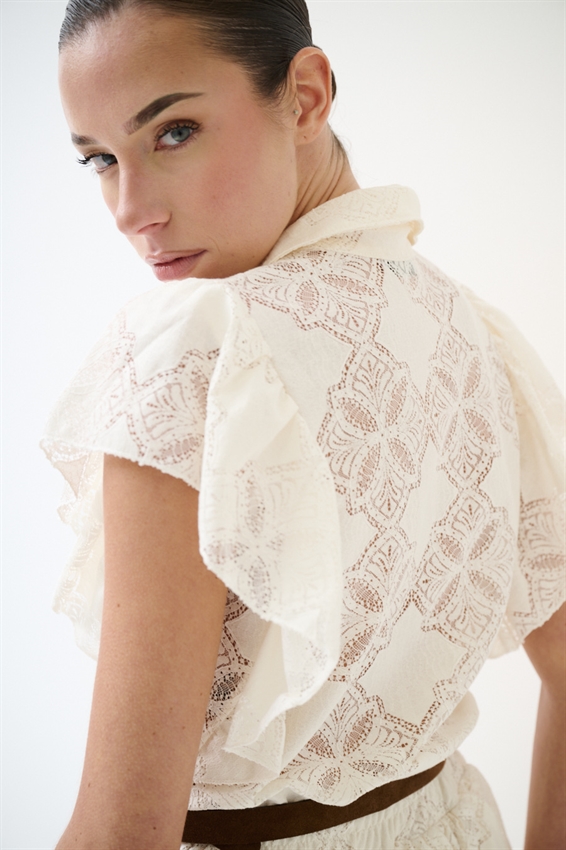 CAMICIA SMANICATA CON VOLANT E RICAMO BURRO