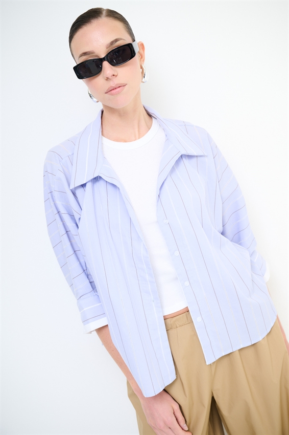 CAMICIA MANICA PIPISTRELLO RIGA RICAMATA CELESTE