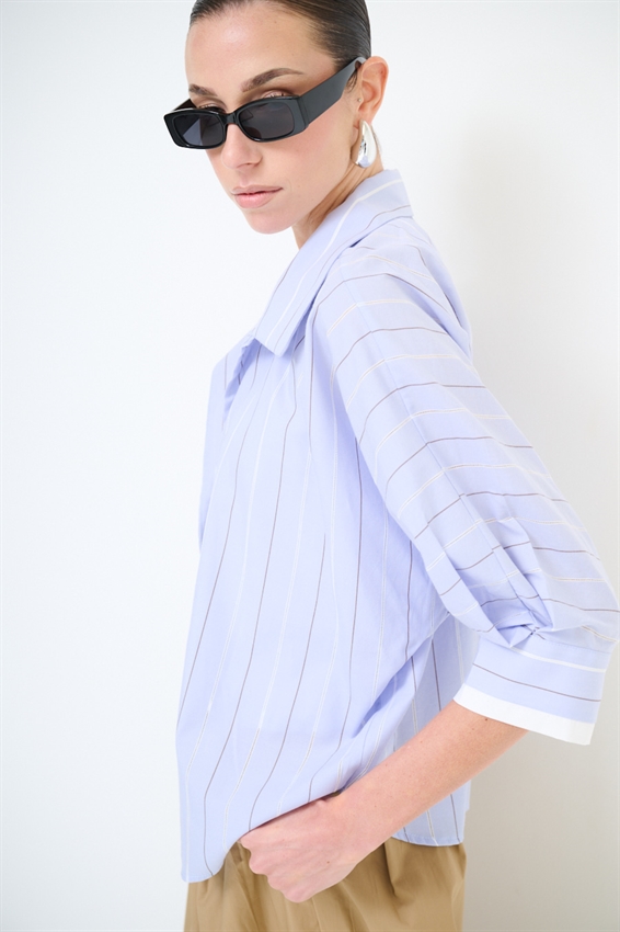 CAMICIA MANICA PIPISTRELLO RIGA RICAMATA CELESTE