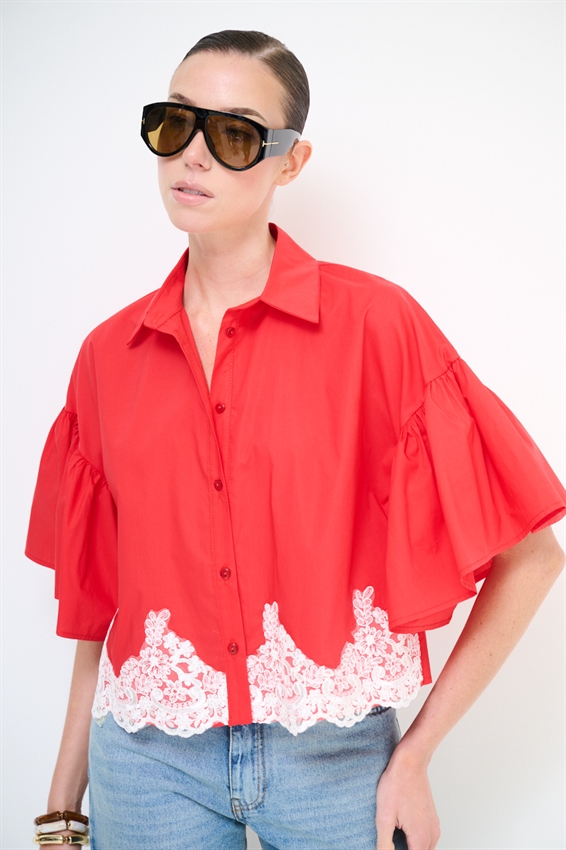 CAMICIA IN TELA PARACADUTE CON PIZZO ROSSO