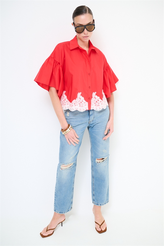 CAMICIA IN TELA PARACADUTE CON PIZZO ROSSO