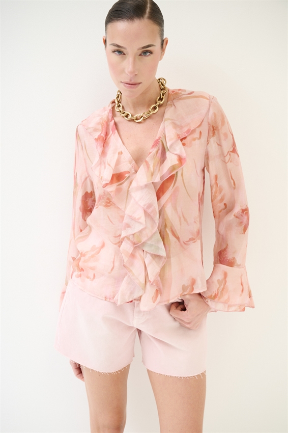 BLUSA CON VOLANT A FANTASIA ROSSO CORALLO