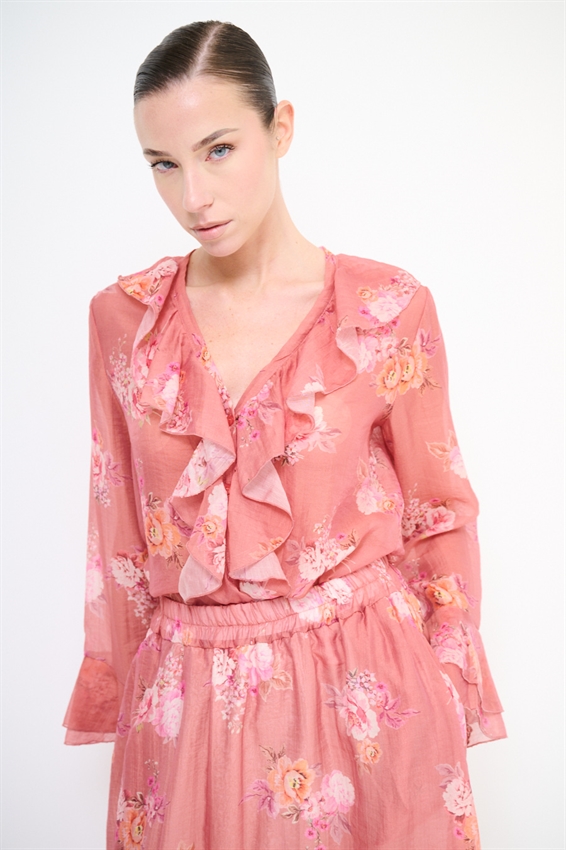 BLUSA CON VOLANT A FANTASIA FANGO