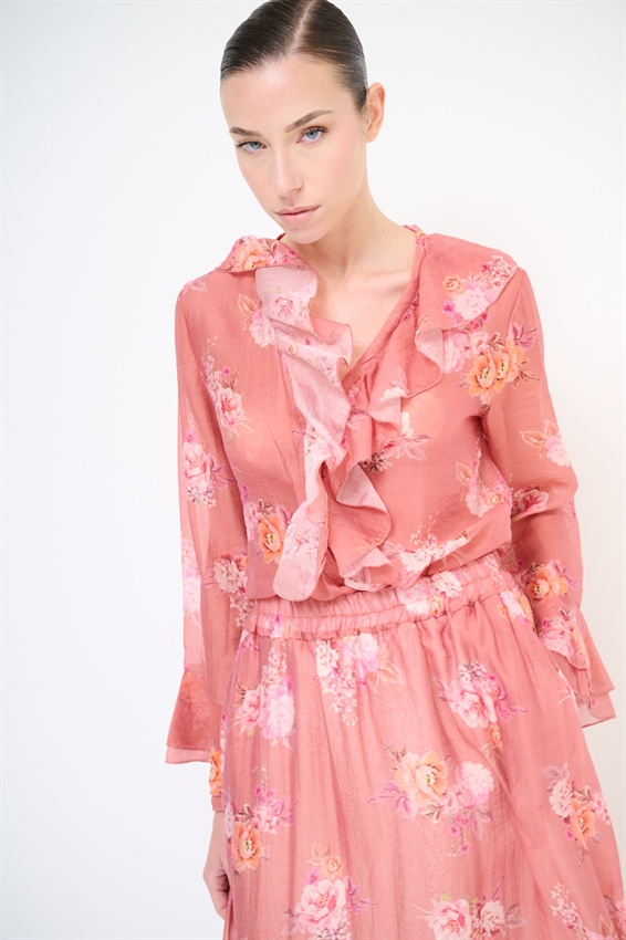 BLUSA CON VOLANT A FANTASIA FANGO