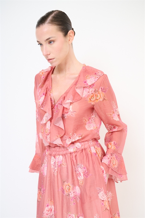 BLUSA CON VOLANT A FANTASIA FANGO