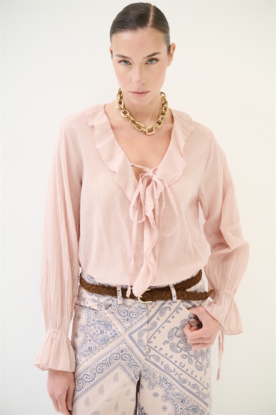 BLUSA CON VOLANT E LACCINO ROSA