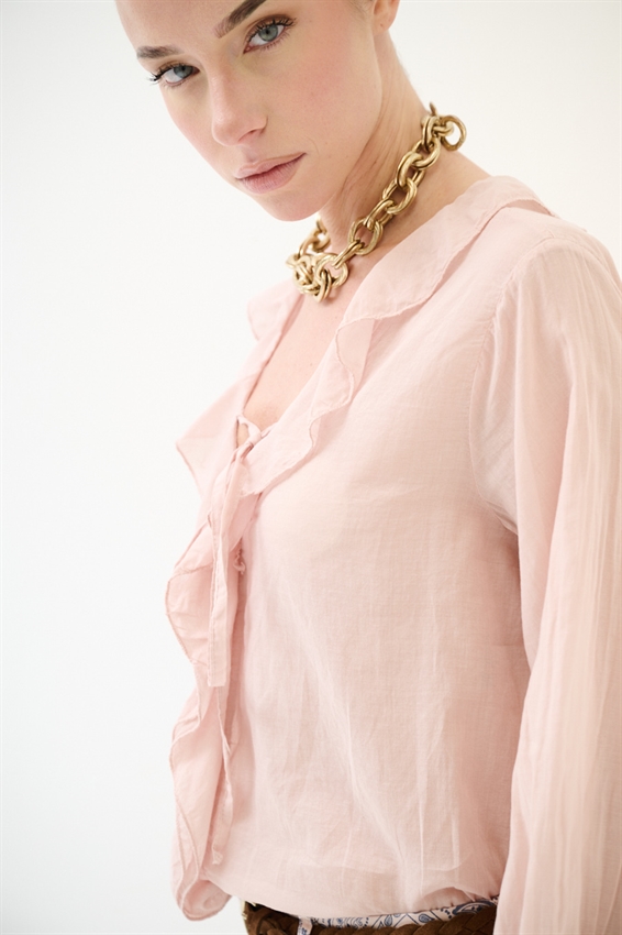 BLUSA CON VOLANT E LACCINO ROSA