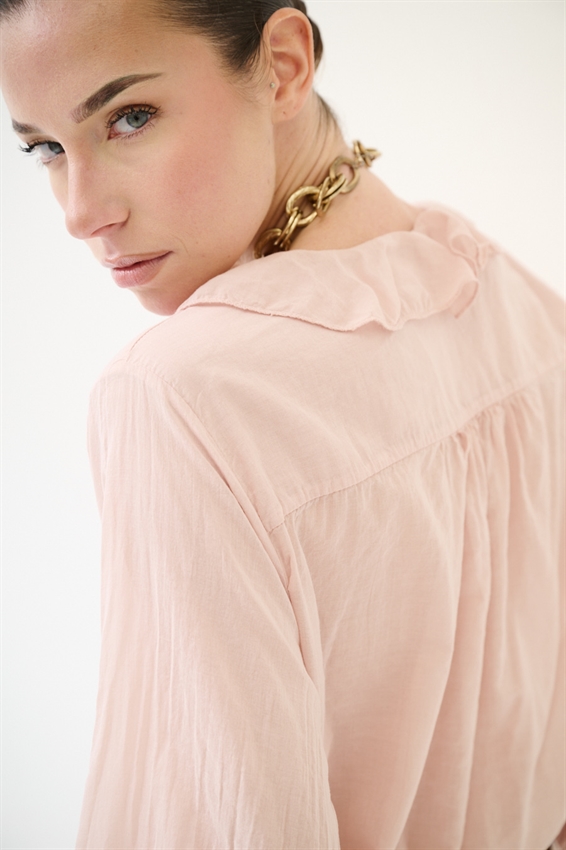 BLUSA CON VOLANT E LACCINO ROSA