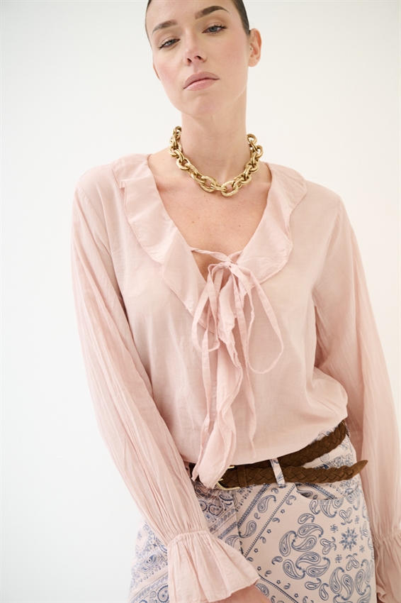 BLUSA CON VOLANT E LACCINO ROSA