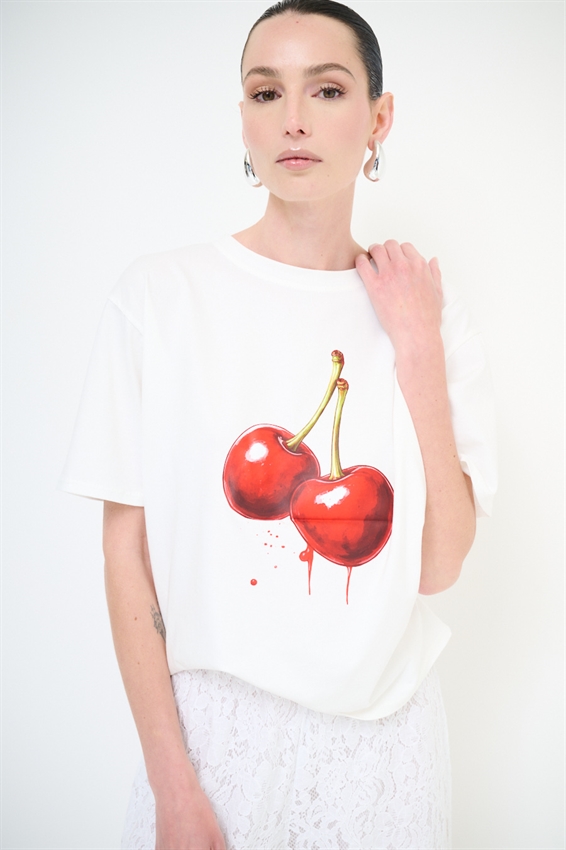 T-SHIRT EFFETTO MARMORIZZATO STAMPA CILIEGIA BIANCO