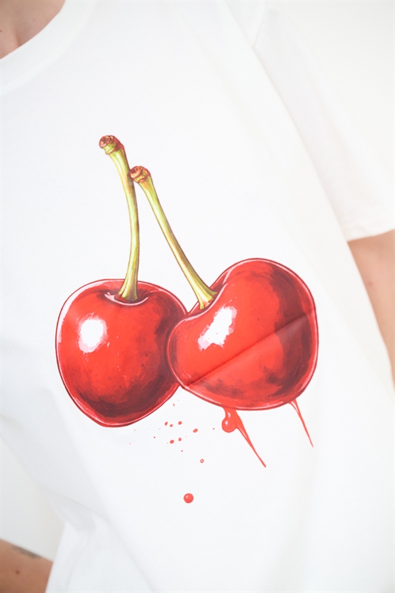 T-SHIRT EFFETTO MARMORIZZATO STAMPA CILIEGIA BIANCO